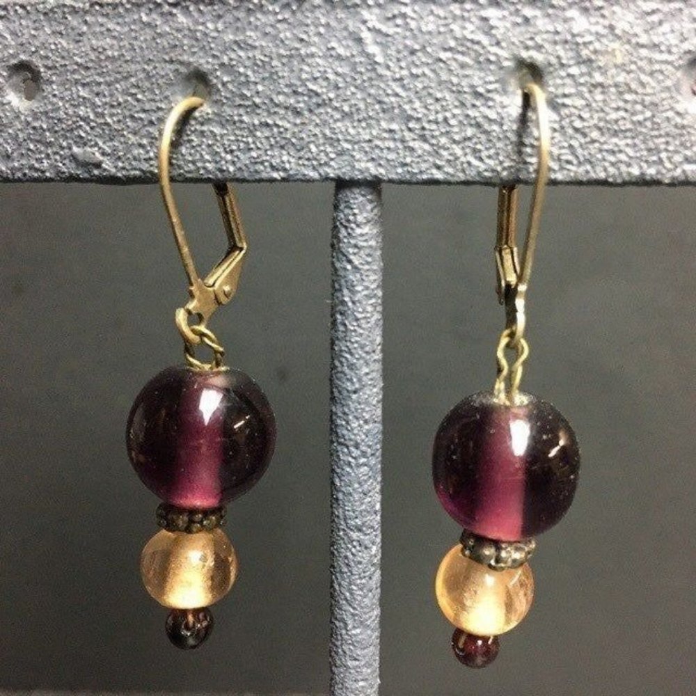 Double Dangle Pierced Earrings Purple Amber Bronze Latch Hook Transluscent Retro